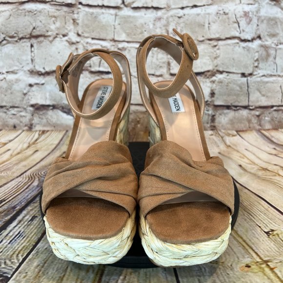 Steve Madden Women's Brown Fabric Open Toe Ankle Strap Jute Wedges Sandals 8.5 M - Picture 2 of 9